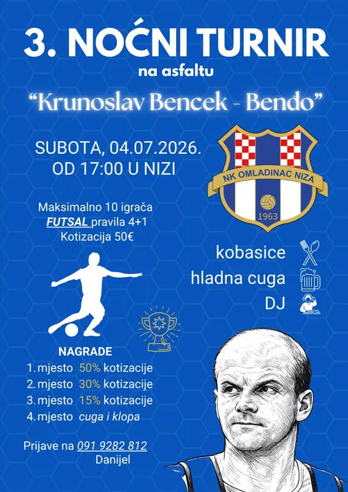 Rezervirajte 4.7. za tradicionalni turnir na asfaltu koji od nedavno nosi ime našeg voljenog Benđe. Turnir klasično dobar, kao i kobasice... Vidimo se😉
Prijave i dodatne informacije kod Danijela...
