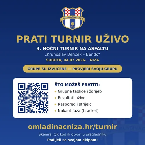 Preko ovog linka možete pratiti raspored utakmica i rezultate.
https://omladinacniza.hr/turnir/